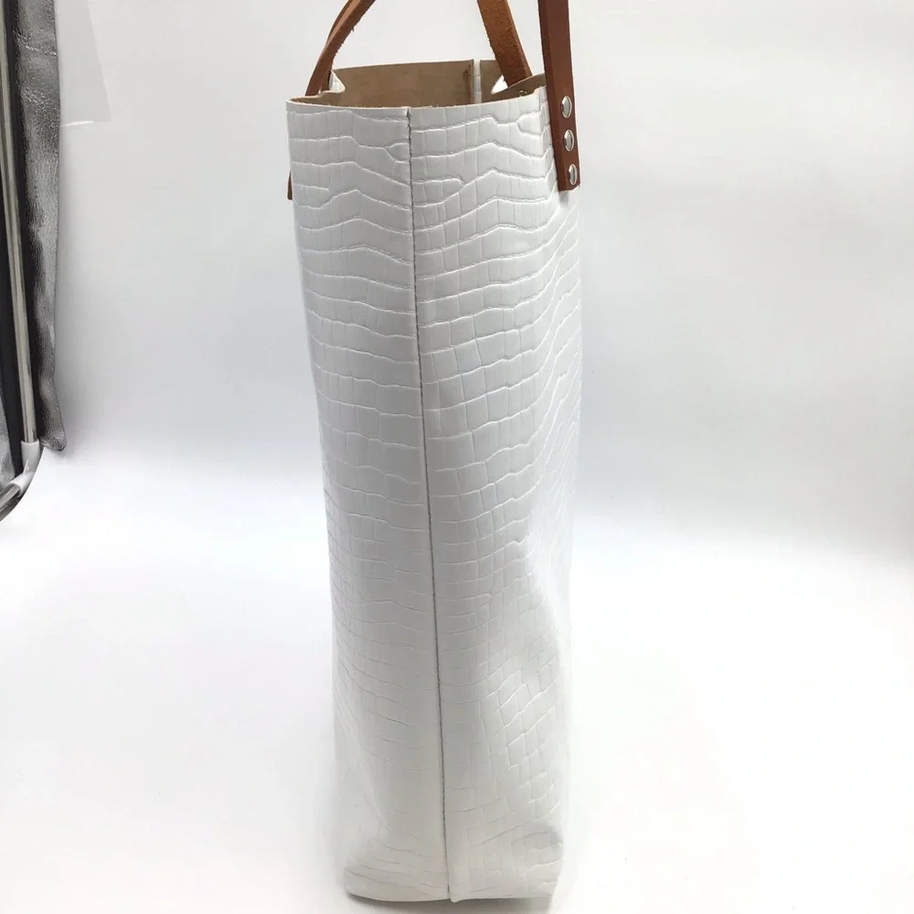 New Handmade croc embossed white leather large unlined tote shoulder handbag